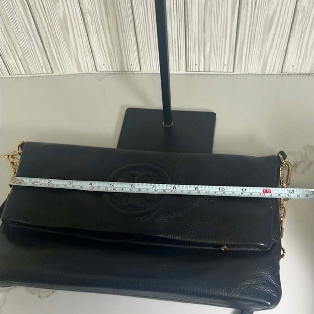 Tory Burch Bombe Fold-Over Crossbody/Clutch Black Pebbled Leather Bag